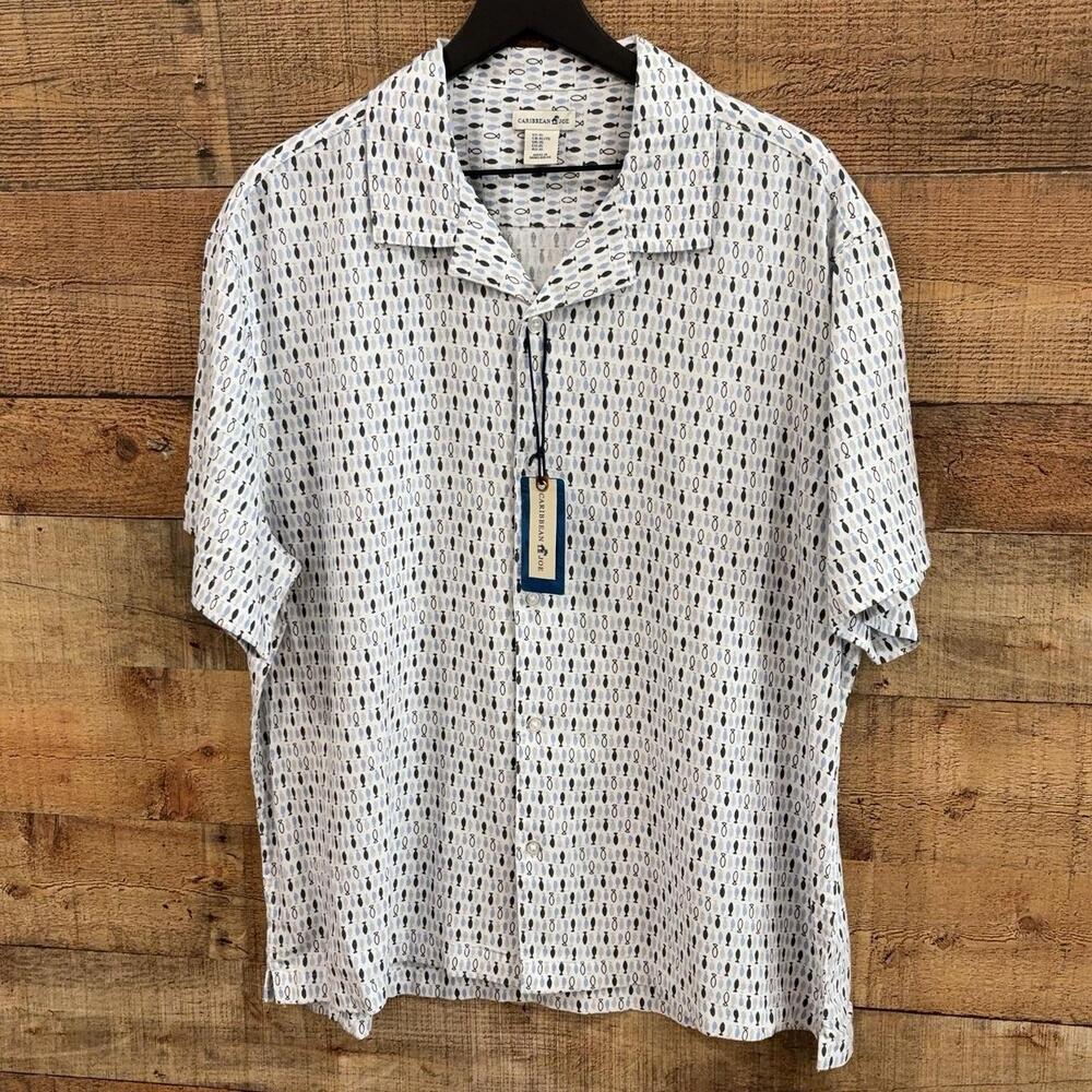 Caribbean Joe Shirt Mens Size XL White Linen Fish Print Button Up Beach Casual